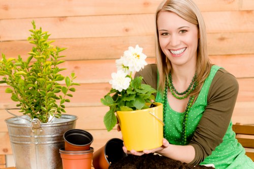 A woman with long blonde hair, wearing a green polka-dot apron, is sitting outdoors in a garden setting, smiling while holding a yellow flower pot containing a flowering plant with large white blooms and green leaves. In front of her on a wooden surface are several empty terracotta plant pots and a small black plastic pot. To her left, a silver metal bucket contains a lush green shrub with dense, small oval-shaped leaves. The background features a wooden fence with horizontal planks, indicating a domestic or community garden environment in Ilford, with natural daylight illuminating the scene. The setting suggests the woman is engaged in gardening activities such as potting or plant care, aligning with the gardening services offered by Gardening Services Ilford in the local area, focusing on outdoor maintenance, plant care, and garden beautification.